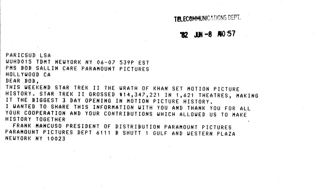 Telegram from Paramount to Robert Sallin