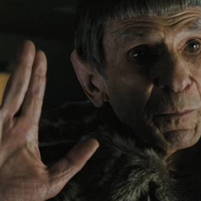 Leonard Nimoy Gives the Vulcan Salute as Spock in the 2009 Star Trek Movie