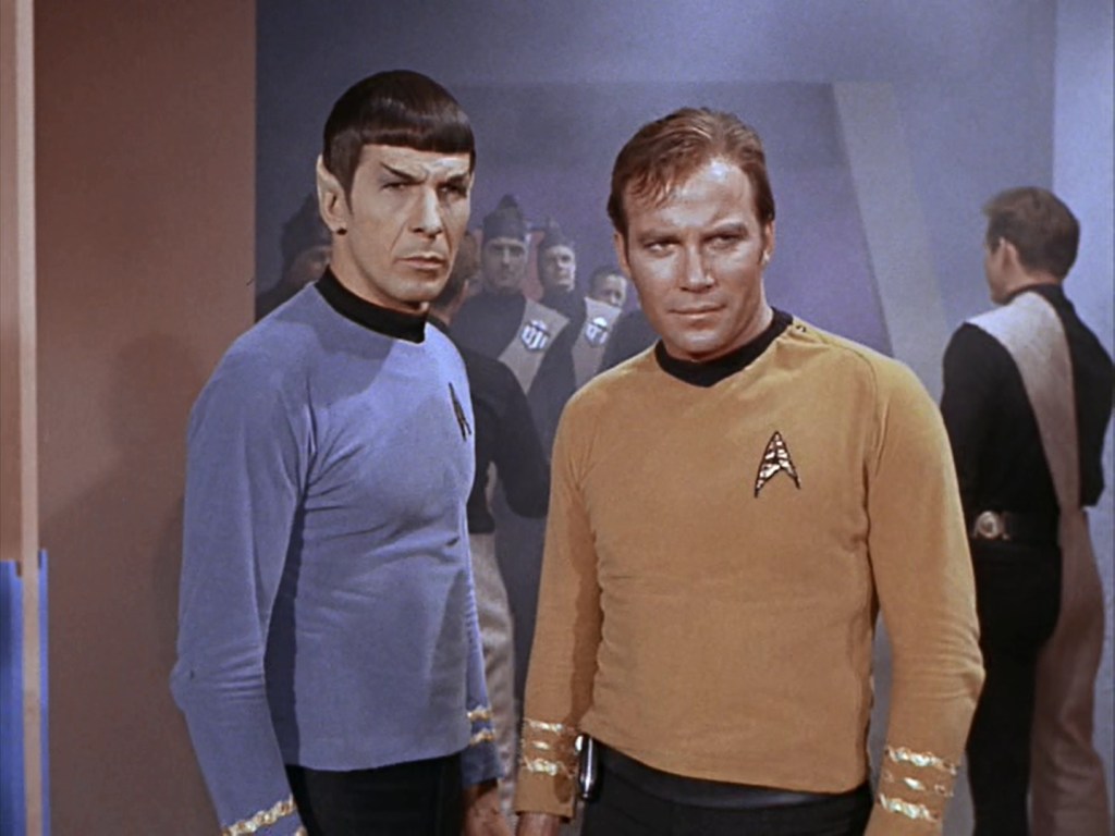 Spock and Kirk stand together in Star Trek's "A Taste of Armageddon"