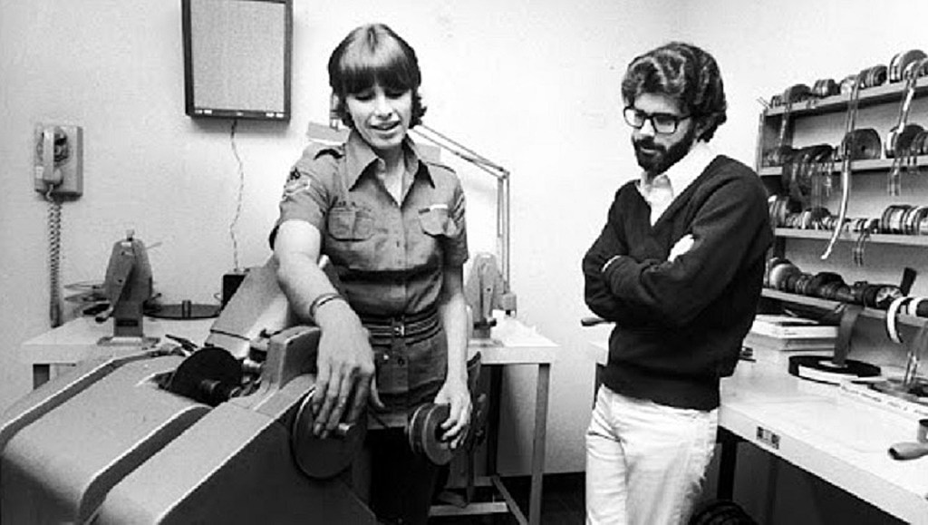 Marcia Lucas and George Lucas in the Star Wars editing room.
