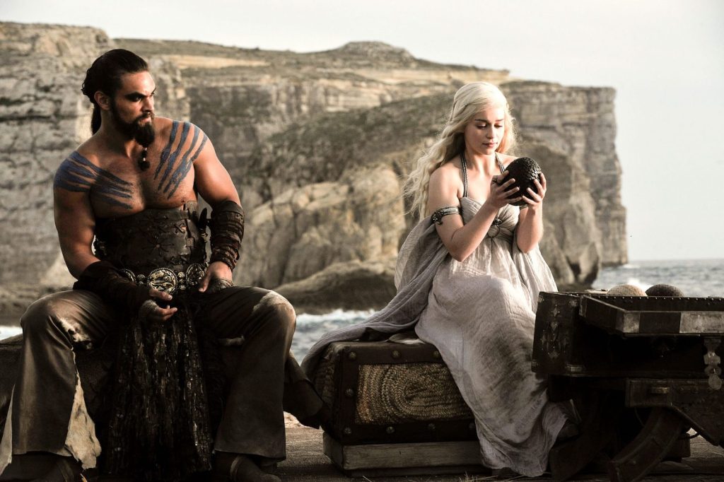 Jason Momoa and Emilia Clarke in Game of Thrones