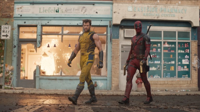 (L-R): Hugh Jackman as Wolverine/Logan and Ryan Reynolds as Deadpool/Wade Wilson in 20th Century Studios/Marvel Studios' DEADPOOL & WOLVERINE. Photo courtesy of 20th Century Studios/Marvel Studios. © 2024 20th Century Studios / © and ™ 2024 MARVEL.