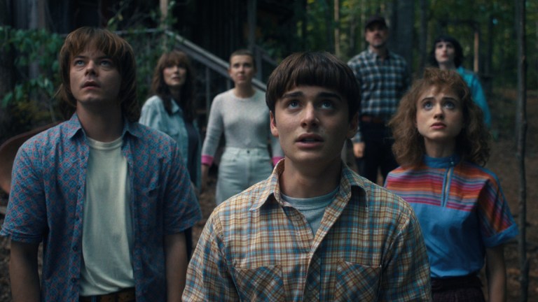 STRANGER THINGS. (L to R) Charlie Heaton as Jonathan Byers, Winona Ryder as Joyce Byers, Millie Bobby Brown as Eleven, Noah Schnapp as Will Byers, David Harbour as Jim Hopper, Natalia Dyer as Nancy Wheeler, and Finn Wolfhard as Mike Wheeler in STRANGER THINGS.