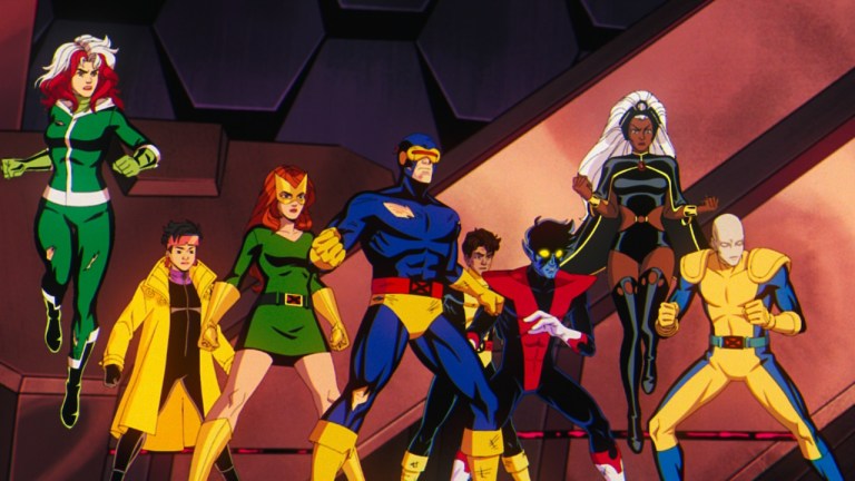 (L-R): Rogue (voiced by Lenore Zann), Jubilee (voiced by Holly Chou), Jean Grey (voiced by Jennifer Hale), Cyclops (voiced by Ray Chase), Roberto Da Costa (voiced by Gui Agustini), Nightcrawler (voiced by Adrian Hough), Storm (voiced by Alison Sealy-Smith), and Morph (voiced by JP Karliak) in Marvel Animation's X-MEN '97. Photo courtesy of Marvel Animation. © 2024 MARVEL.