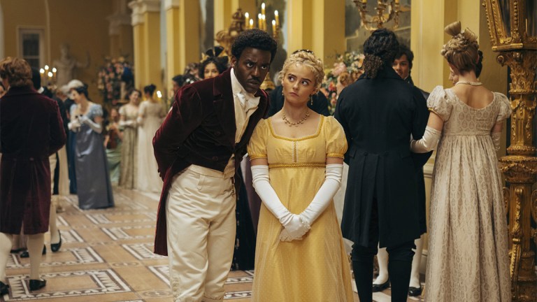 The Doctor and Ruby Sunday in Regency era costume in a ballroom in Doctor Who episode "Rogue"