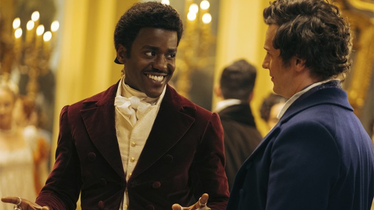 Ncuti Gatwa and Jonathan Groff dressed in Regency costume in Doctor Who episode "Rogue"