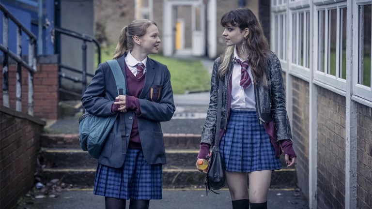 Laura Marcus and Bo Bragason in school uniforms in The Jetty on BBC One