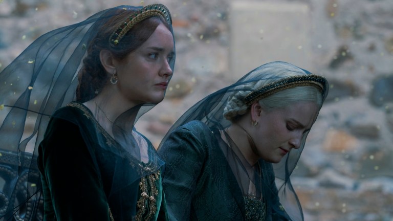 Alicent (Olivia Cooke) and Helaena (Phia Saban) on House of the Dragon.