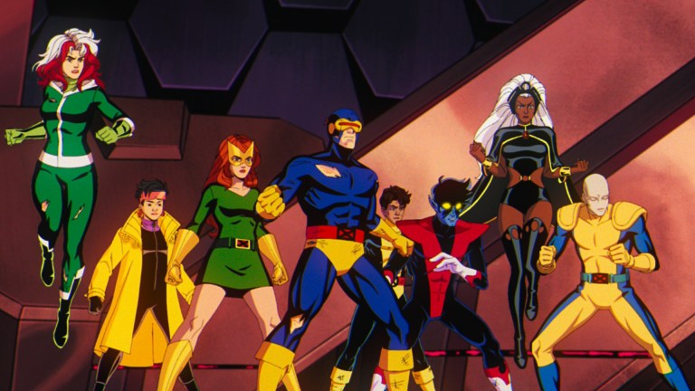 (L-R): Rogue (voiced by Lenore Zann), Jubilee (voiced by Holly Chou), Jean Grey (voiced by Jennifer Hale), Cyclops (voiced by Ray Chase), Roberto Da Costa (voiced by Gui Agustini), Nightcrawler (voiced by Adrian Hough), Storm (voiced by Alison Sealy-Smith), and Morph (voiced by JP Karliak) in Marvel Animation's X-MEN '97.