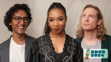 Assad Zaman, Delainey Hayles, and Sam Reid in the Den of Geek studio at San Diego Comic-Con 2024.