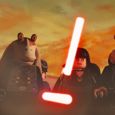 Darth Kit Fisto, Darth Nubs, Darth Jar Jar, Darth Jyn Erso, Darth Rose Tico, and Darth Hammerhead in a scene from LEGO® STAR WARS: REBUILD THE GALAXY