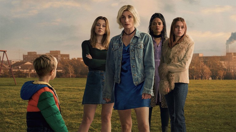 Four women standing in a children's playground watched by a small child in Netflix's Toxic Town